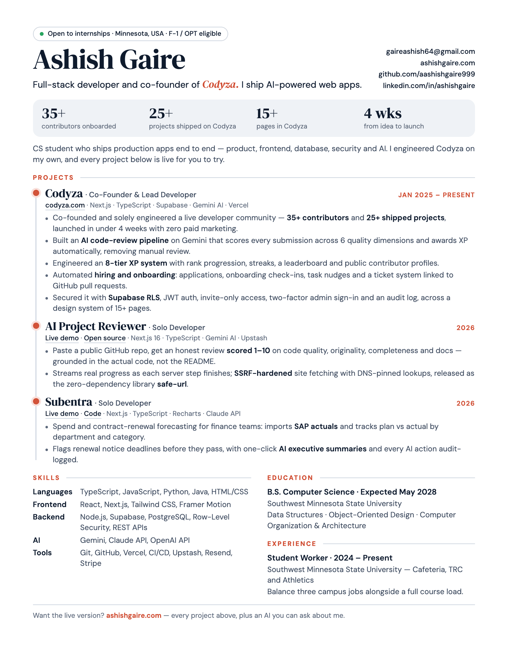 Ashish Gaire's résumé: full-stack developer, co-founder of Codyza, projects Codyza, AI Project Reviewer and Subentra.